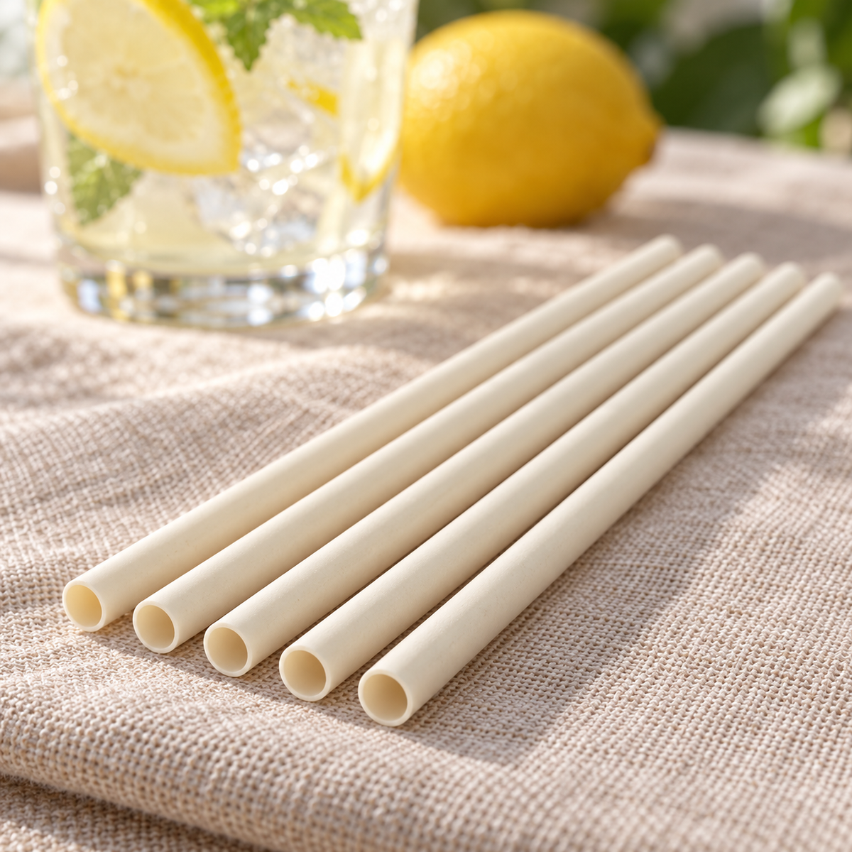 Close-up of straight ivory bamboo-fibre straws showing smooth walls and hollow openings. Beverages, glassware and extra decor are styling props, not included.
