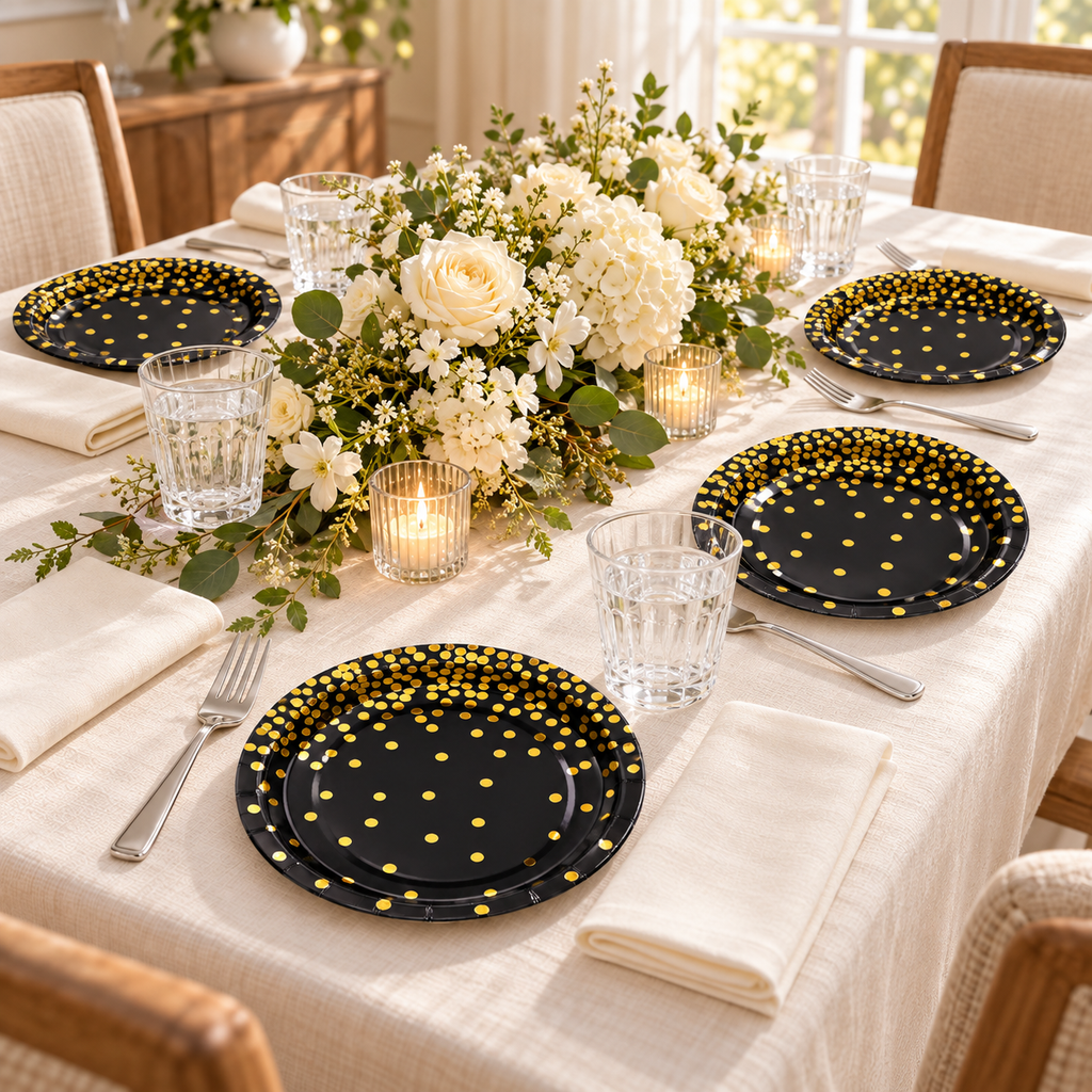 Black paper plates with gold dots on a floral dining table. Food, tableware and decor are styling props, not included.