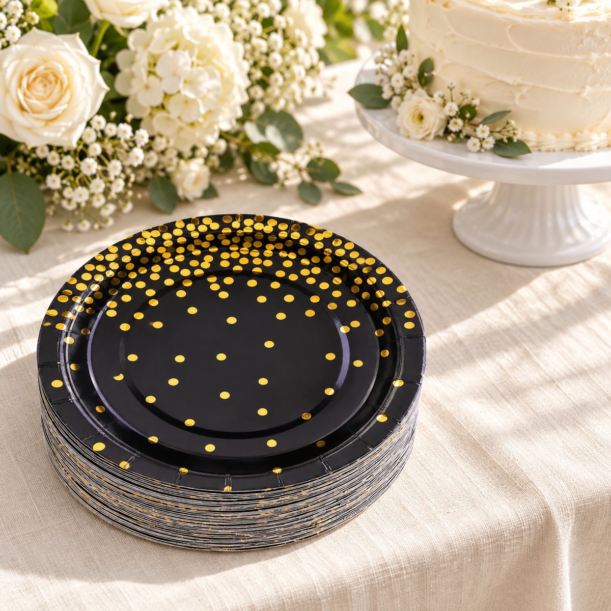 A stack of black and gold dot paper plates at a buffet. Food, tableware and decor are styling props, not included.