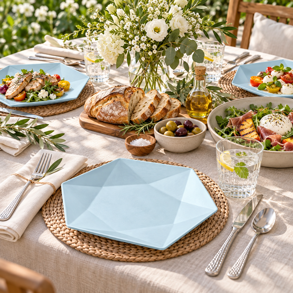 Blue hexagonal bagasse plates on a dining table. Food, tableware and extra decor are styling props, not included.
