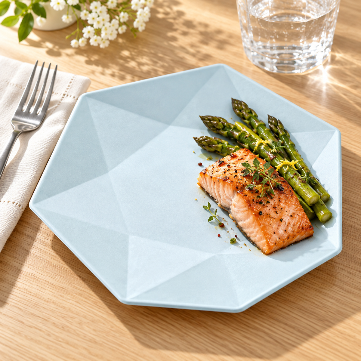 Blue hexagonal bagasse plate in an individual place setting. Food, tableware and extra decor are styling props, not included.