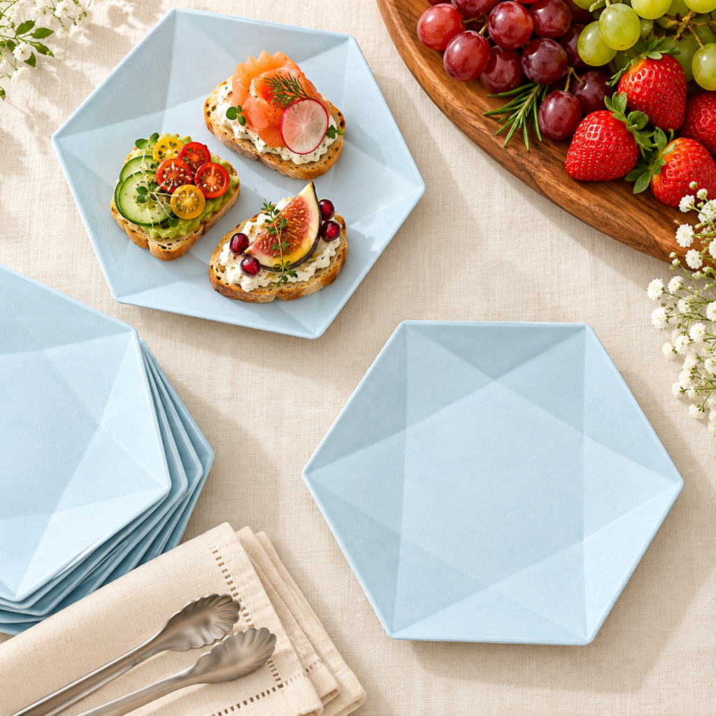 Overhead view of blue hexagonal bagasse plates at a buffet. Food, tableware and extra decor are styling props, not included.