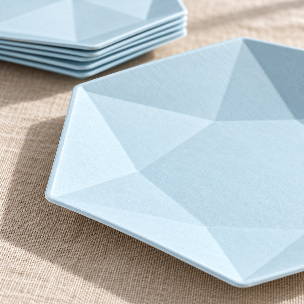 Close-up of blue hexagonal bagasse plates showing matte molded fiber material. Food, tableware and extra decor are styling props, not included.