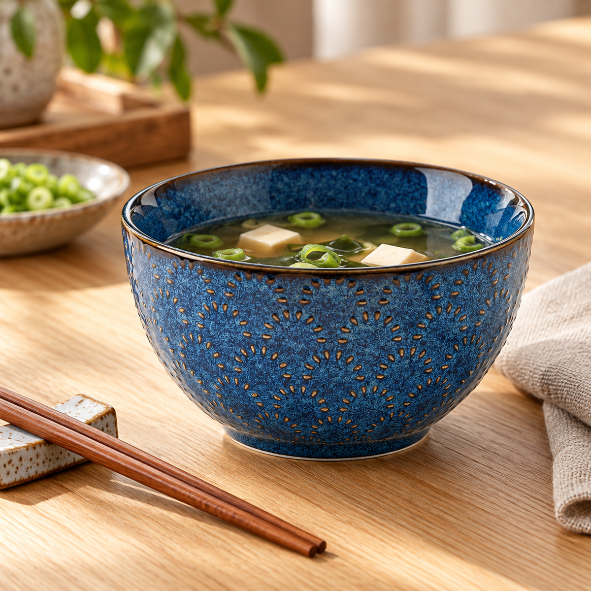 Blue embossed porcelain bowl serving tofu soup