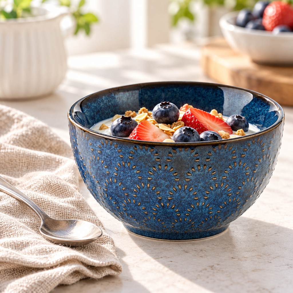 Blue embossed bowl with yogurt and berries