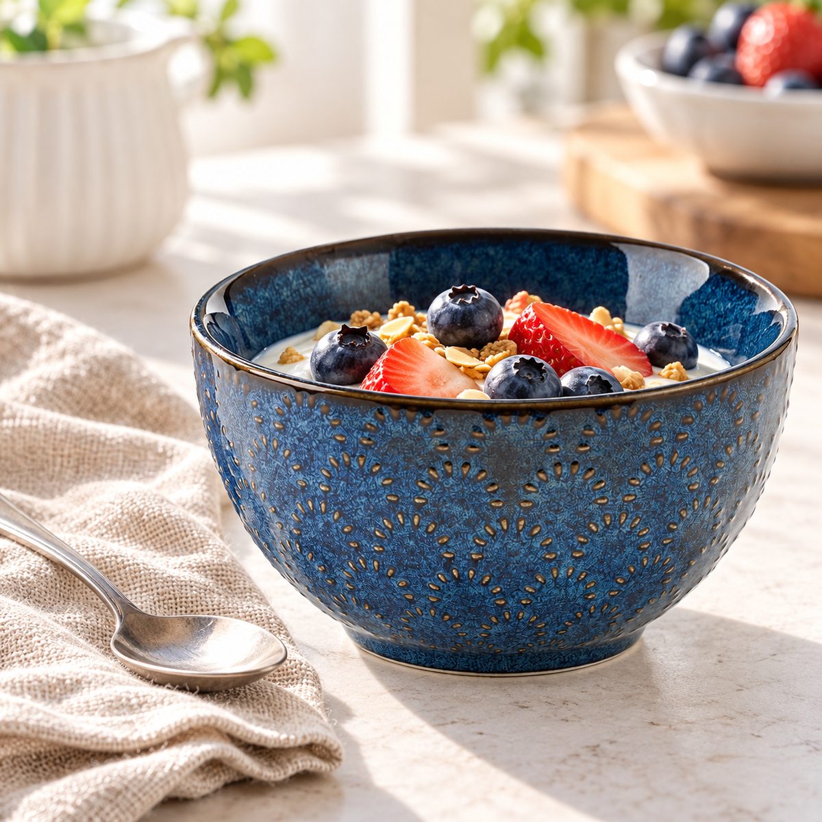 Blue embossed bowl with yogurt and berries