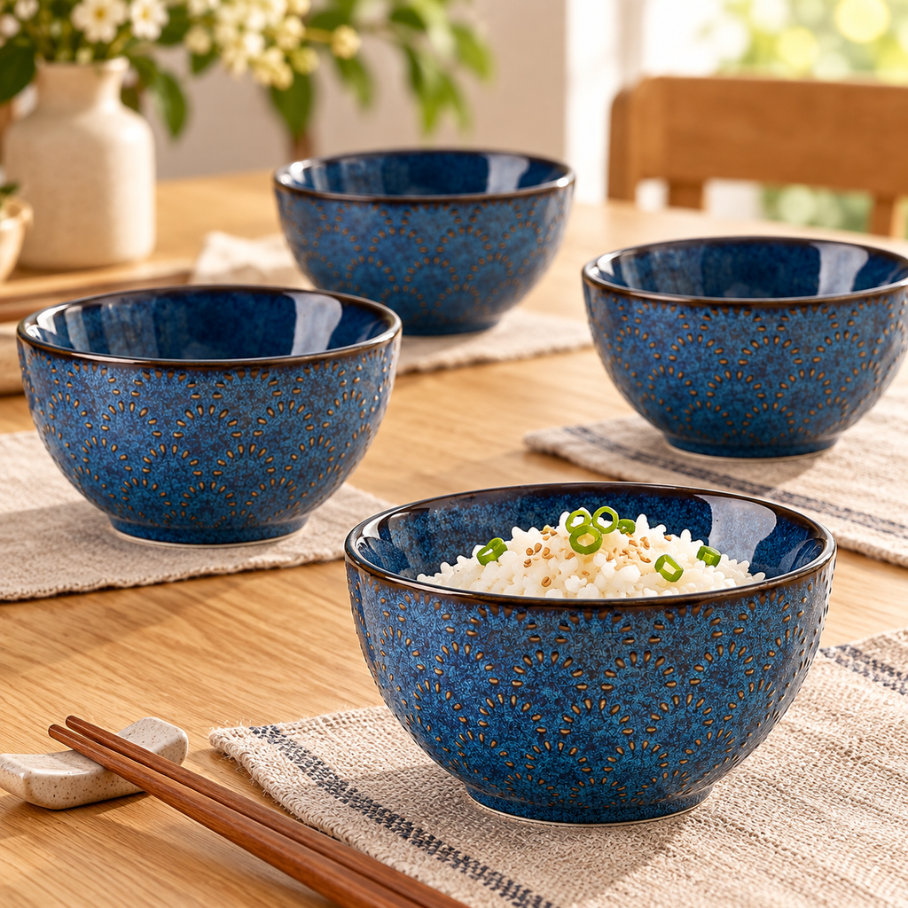 Four blue porcelain bowls arranged on a dining table