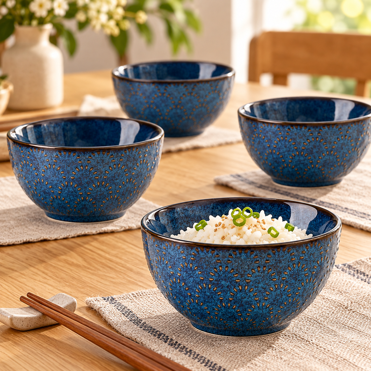 Four blue porcelain bowls arranged on a dining table