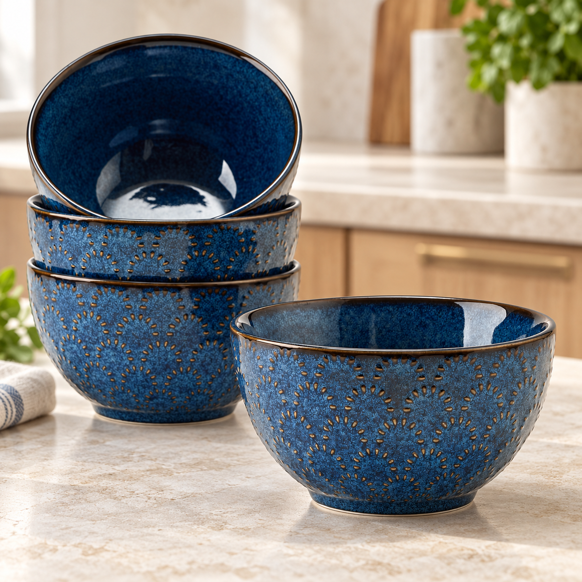 Four blue porcelain bowls on a kitchen counter