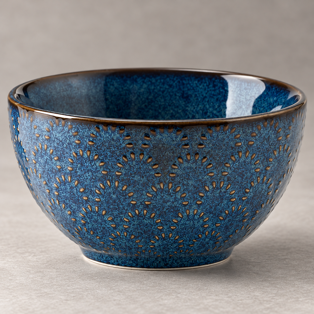 Close detail of blue glaze and embossed petal arches