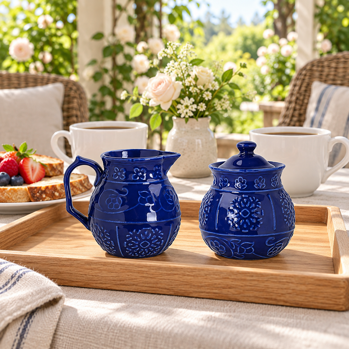 Blue embossed ceramic creamer and closed sugar bowl styled on a garden breakfast tray. Food, tray and other accessories are styling props, not included.