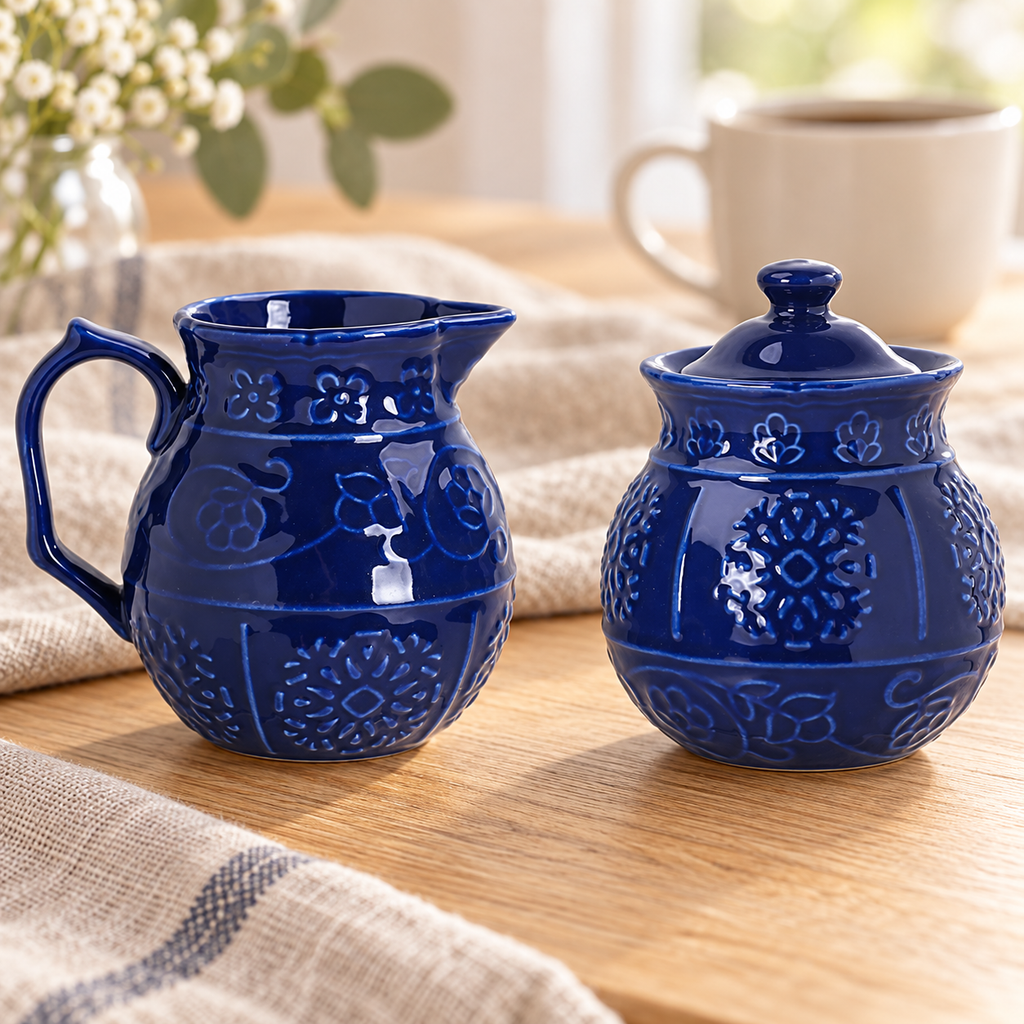 Blue embossed ceramic creamer and lidded sugar bowl in a coffee-table setting. Cup, flowers and linen are styling props, not included.