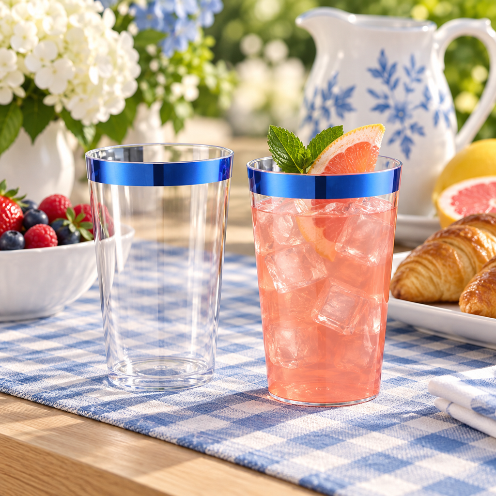 Clear plastic tumblers with blue rims styled for brunch. Beverages, food, tableware and decor are styling props, not included.