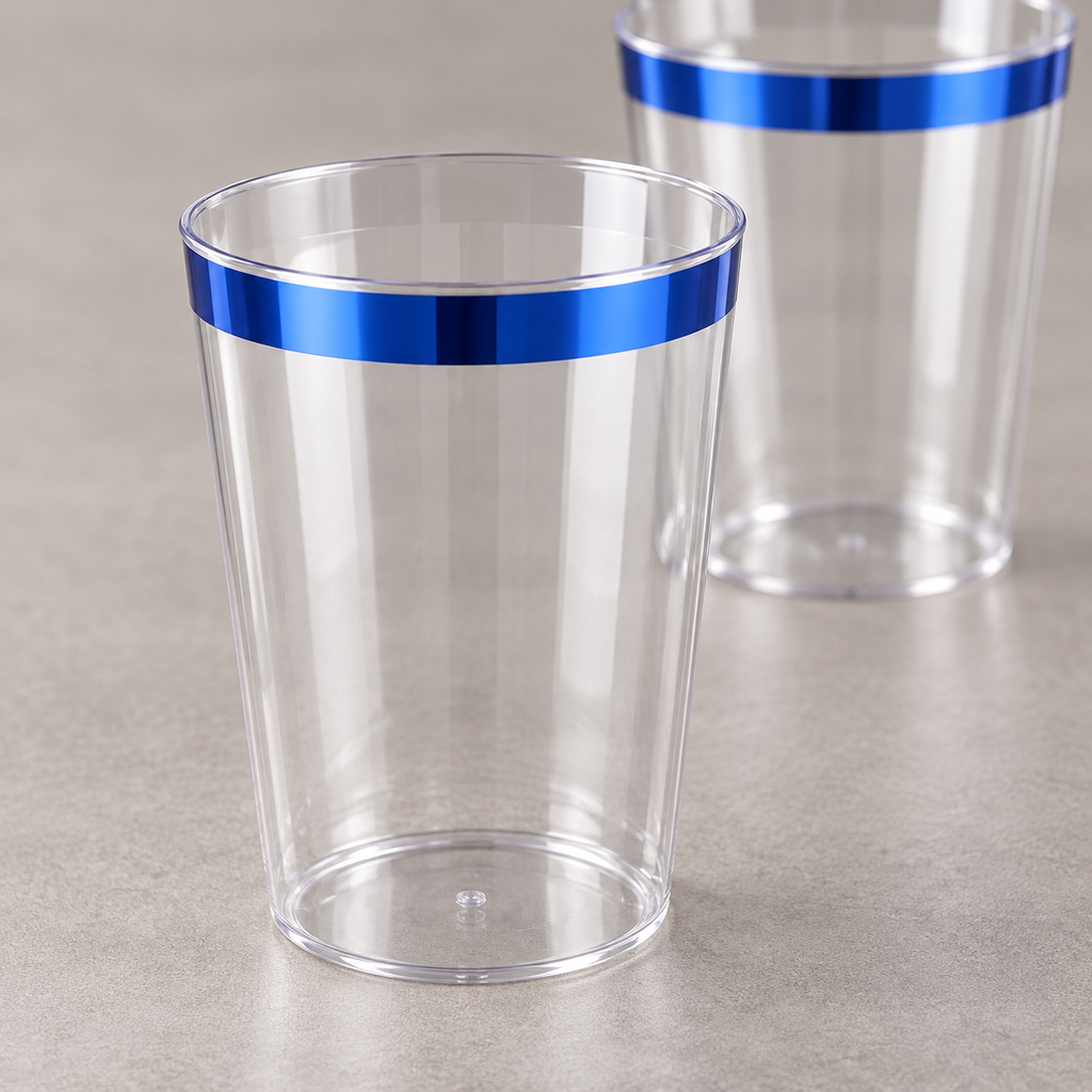 Detail of clear plastic tumblers showing the blue rims, straight sides and tapered shape.