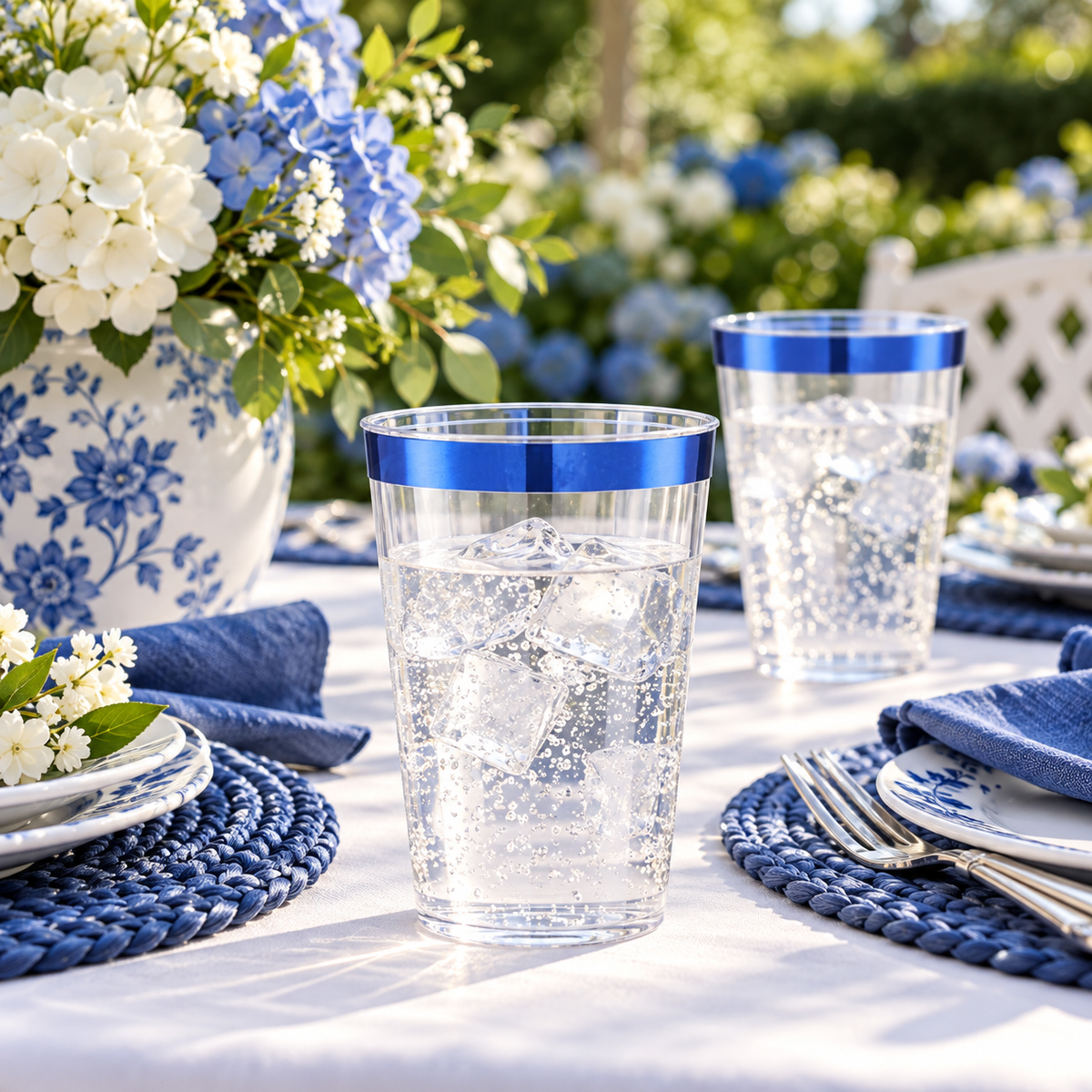 Clear plastic tumblers with blue rims in a garden setting. Beverages, tableware and decor are styling props, not included.