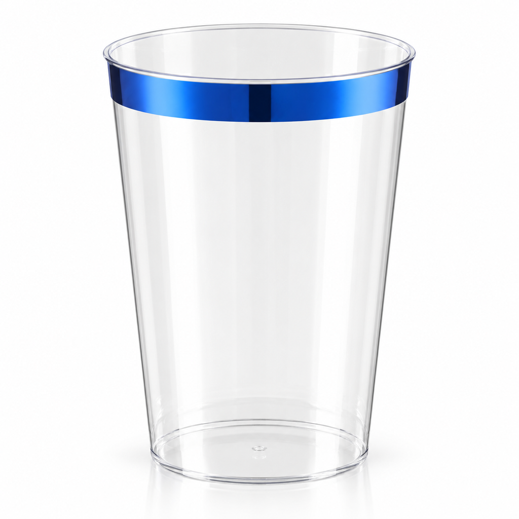 Clear plastic tumblers with blue rims photographed against a clean white background.