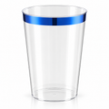 Clear plastic tumblers with blue rims photographed against a clean white background.