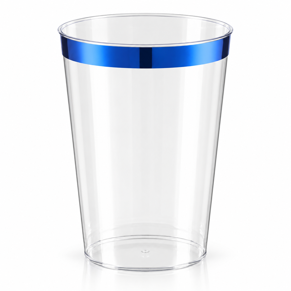 Clear plastic tumblers with blue rims photographed against a clean white background.