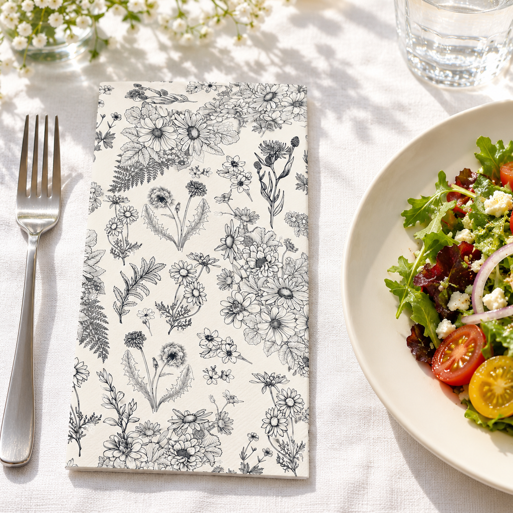 Black and white botanical paper guest napkins in a lunch place setting. Other tableware, food and decor are styling props, not included.
