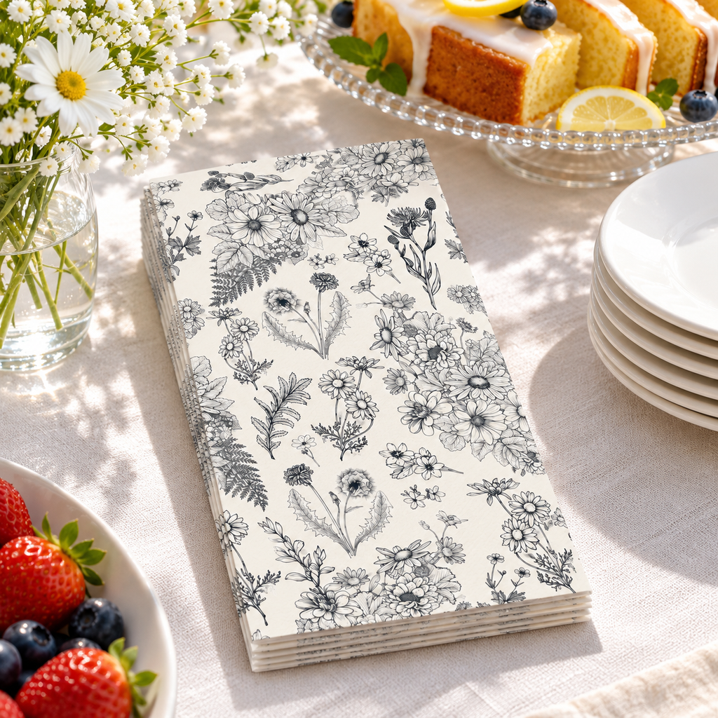 Black and white botanical paper guest napkins in a buffet serving station. Other tableware, food and decor are styling props, not included.