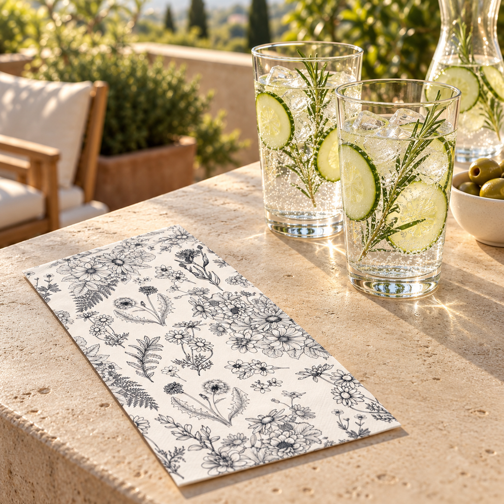 Black and white botanical paper guest napkins in a terrace drinks station. Other tableware, food and decor are styling props, not included.
