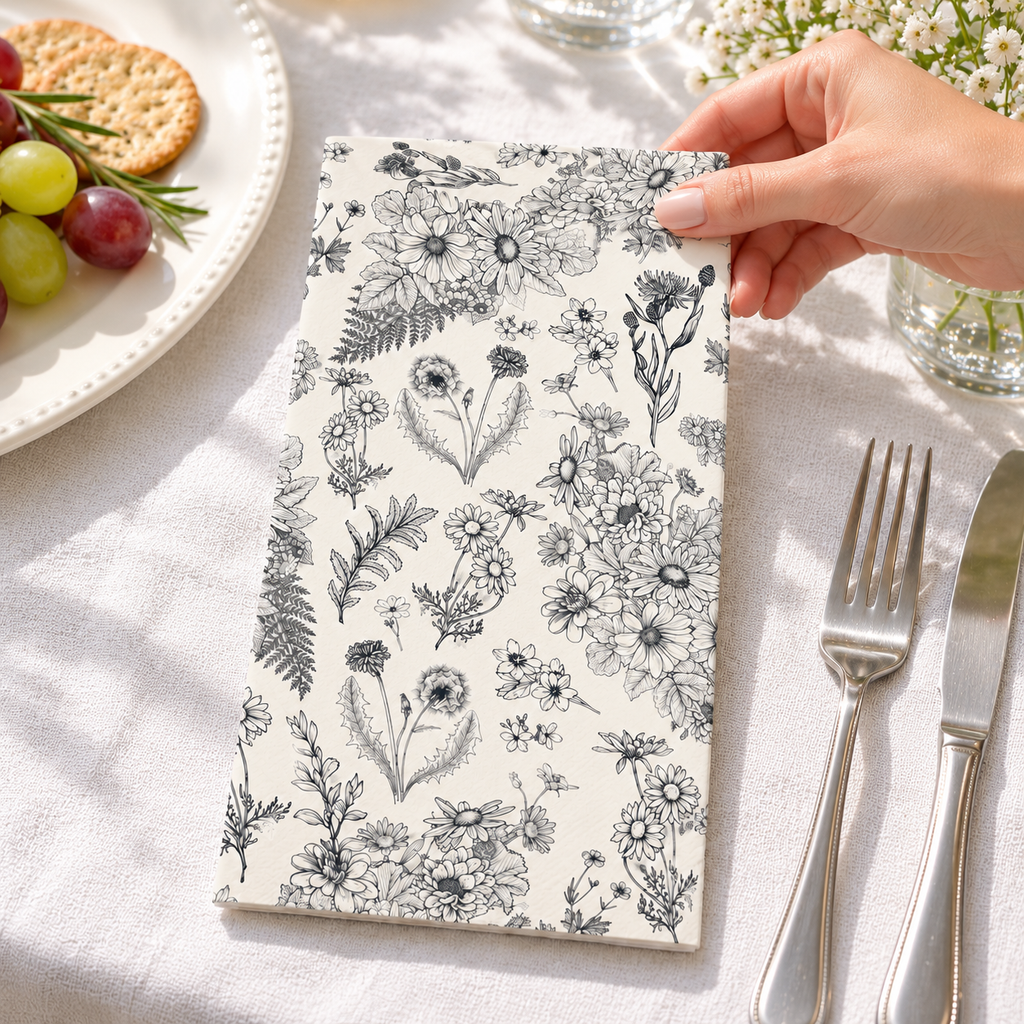 Black and white botanical paper guest napkins in a scene with a guest taking a napkin. Other tableware, food and decor are styling props, not included.