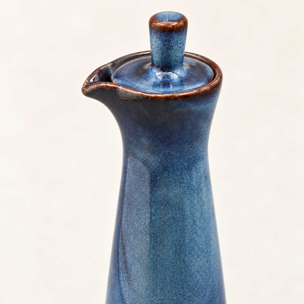 Blue ceramic seasoning bottle showing lid, knob and pouring lip