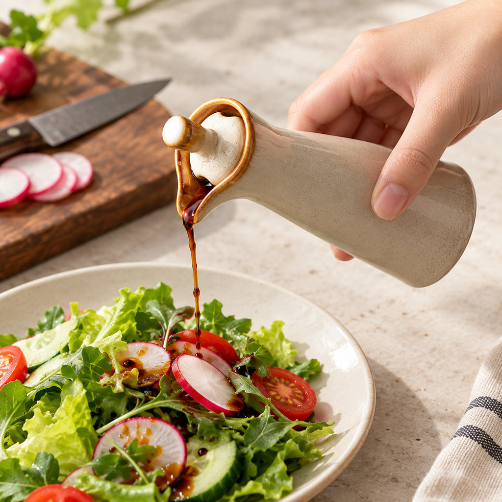 Cream ceramic seasoning bottle pouring dressing over a salad