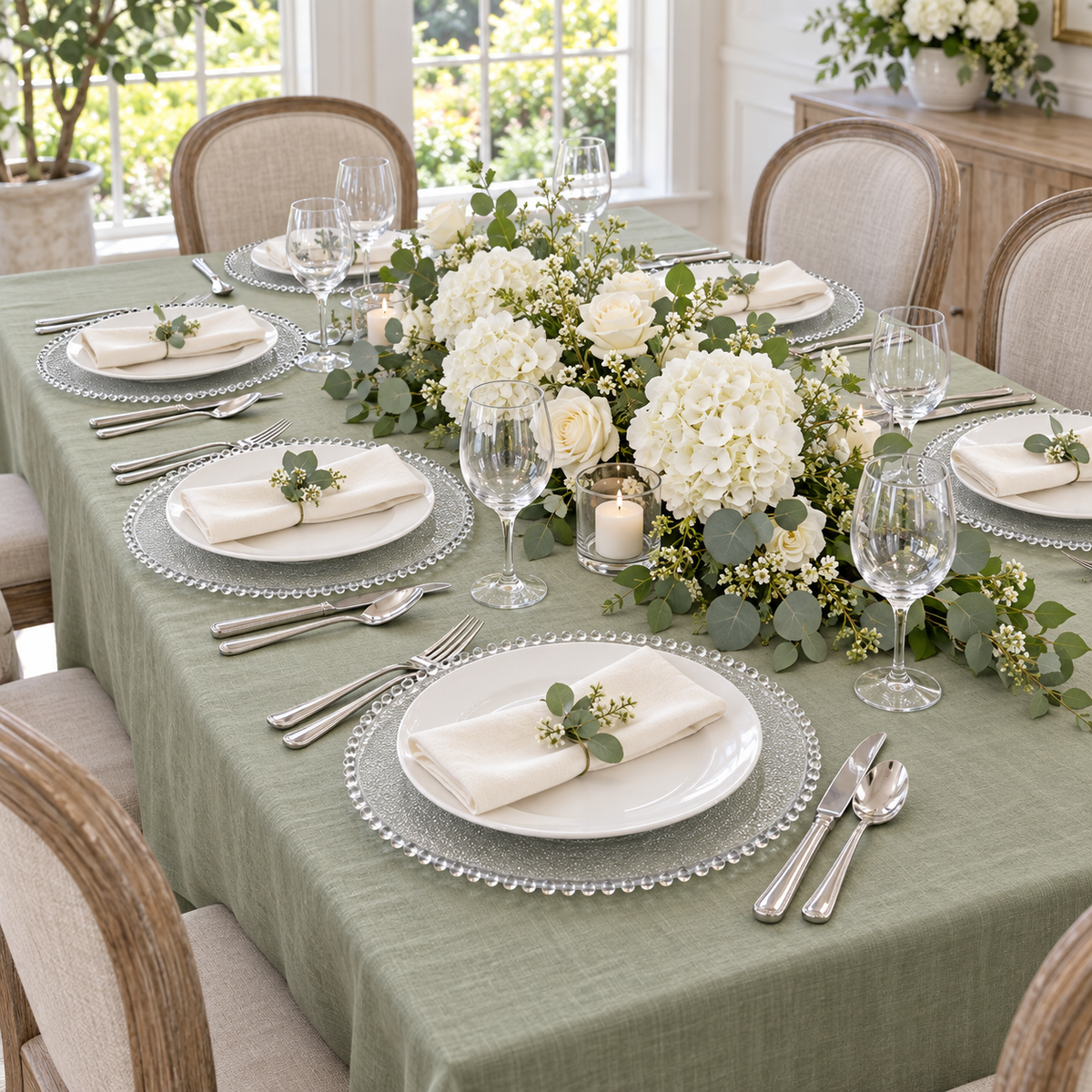 Beaded Clear Charger Plates, 50 pc in a styled product photograph. Dinner plates, food, flowers and extra decor are styling props, not included.