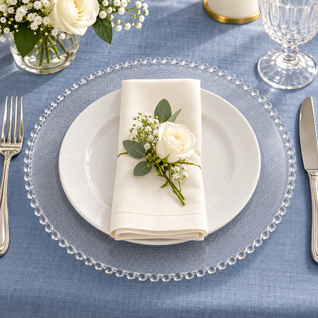 Beaded Clear Charger Plates, 50 pc in a styled product photograph. Dinner plates, food, flowers and extra decor are styling props, not included.