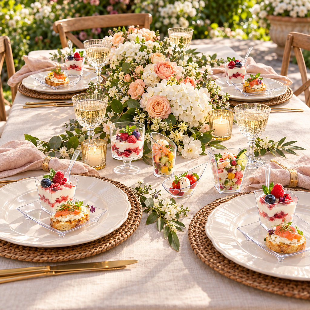 Clear plastic mini appetizer dishes and cups on a full party table. Food, serving ware and extra decor are styling props, not included.