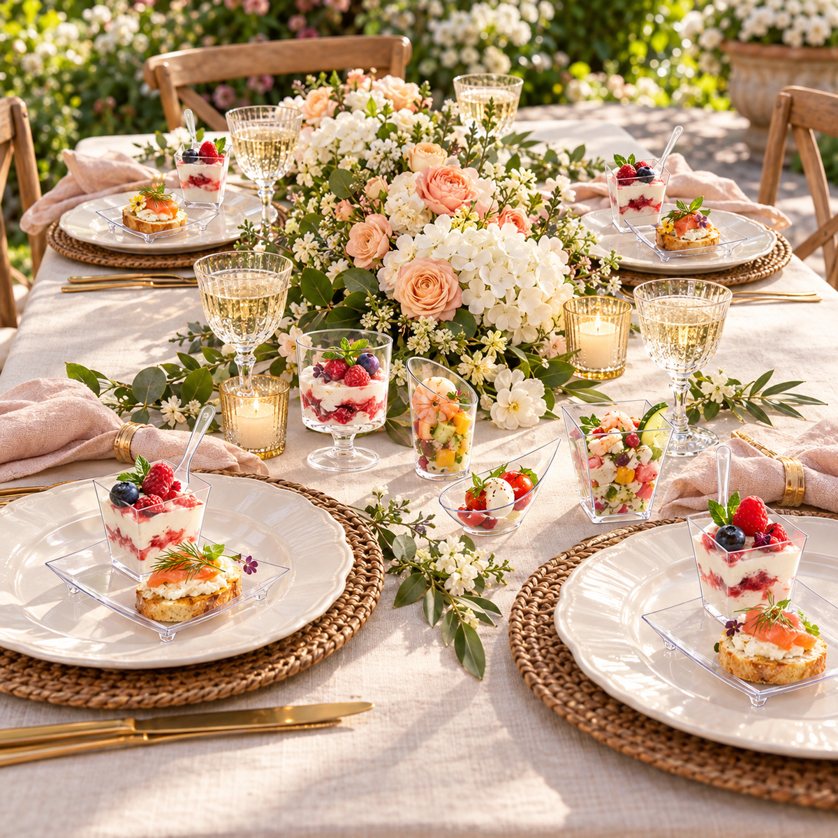 Clear plastic mini appetizer dishes and cups on a full party table. Food, serving ware and extra decor are styling props, not included.