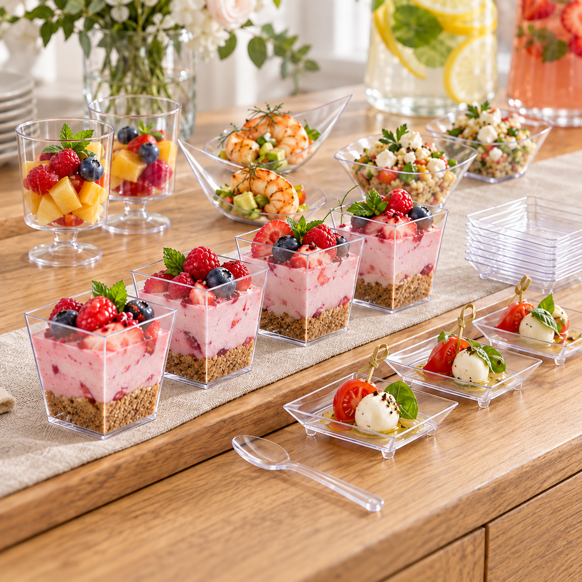 Clear plastic mini appetizer dishes and cups at a buffet. Food, serving ware and extra decor are styling props, not included.