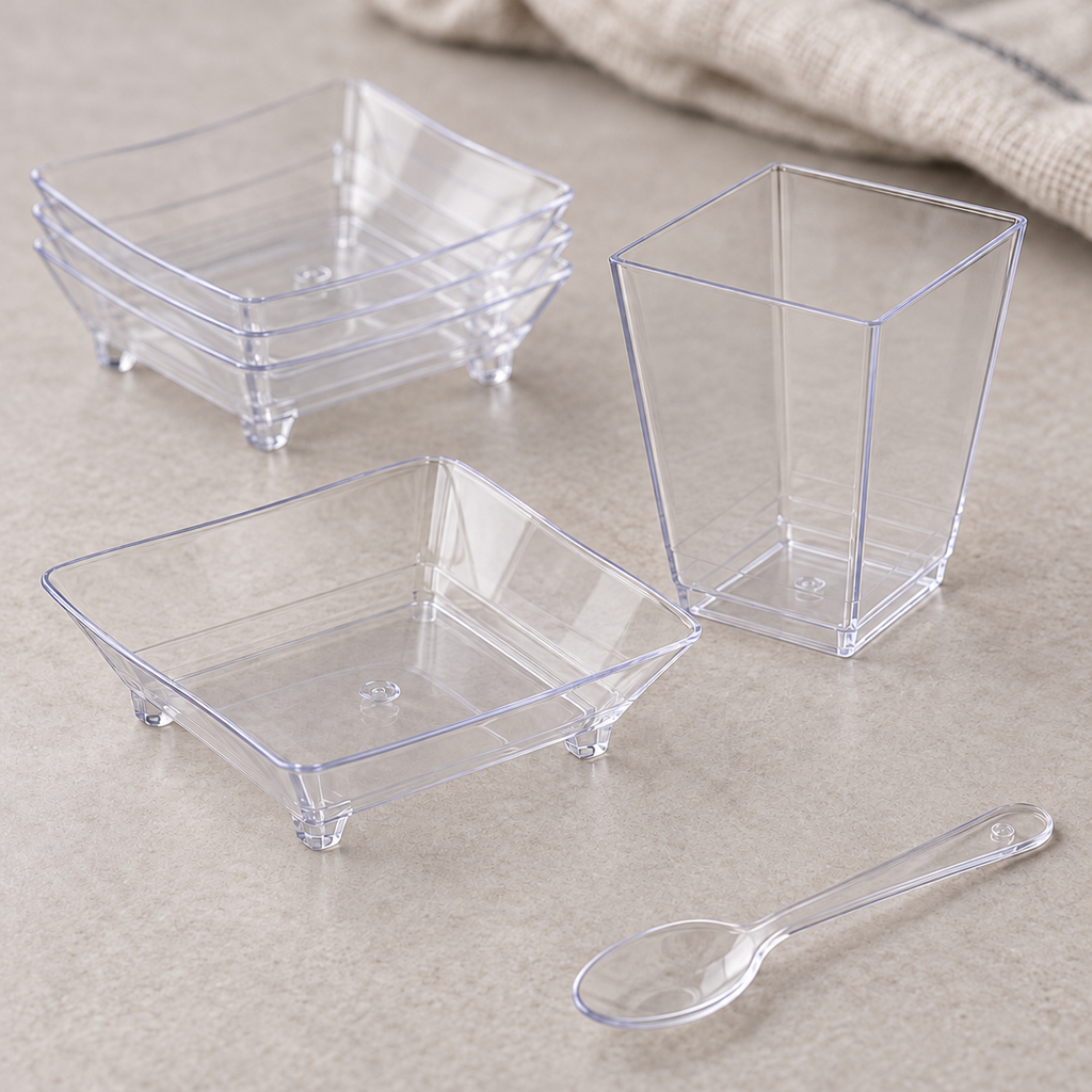 Close-up of thin clear plastic mini appetizer dishes and cups. Food, serving ware and extra decor are styling props, not included.