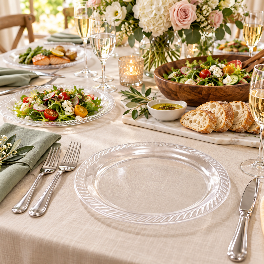 Clear plastic plates with finely fluted rims on a full dining table. Food, tableware and extra decor are styling props, not included.