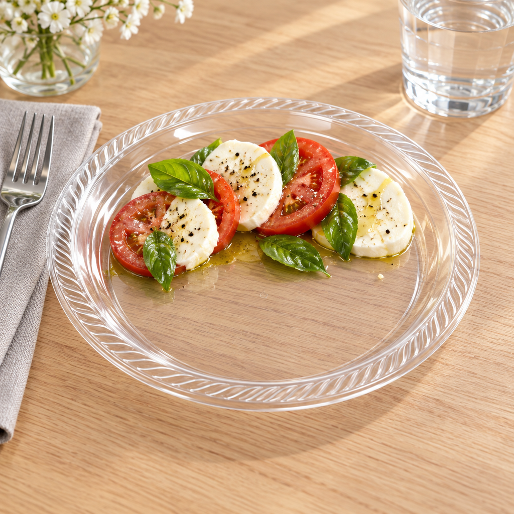 Clear plastic plate with a finely fluted rim in an individual place setting. Food, tableware and extra decor are styling props, not included.