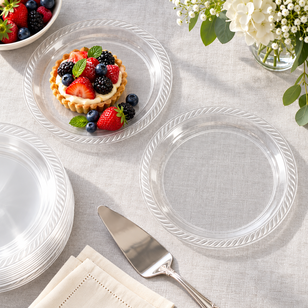Overhead view of clear plastic plates at a buffet. Food, tableware and extra decor are styling props, not included.