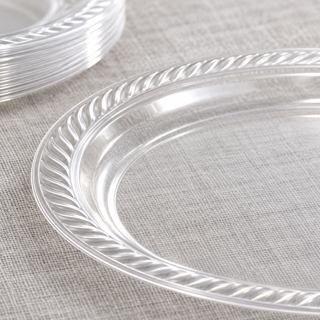 Close-up of clear plastic plates showing fine diagonal rim fluting and thin edges. Food, tableware and extra decor are styling props, not included.