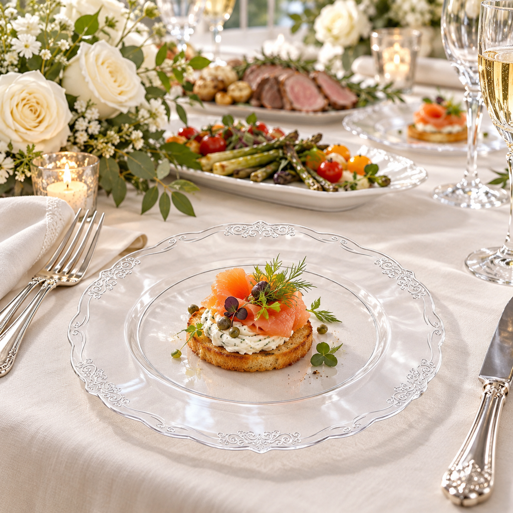 Clear ornate-rimmed plastic appetizer plates on a full dining table. Food, tableware and extra decor are styling props, not included.