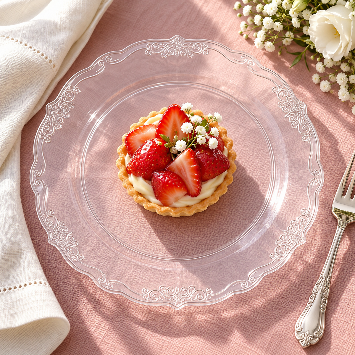Clear plastic appetizer plate with an ornate scroll rim in an individual place setting. Food, tableware and extra decor are styling props, not included.