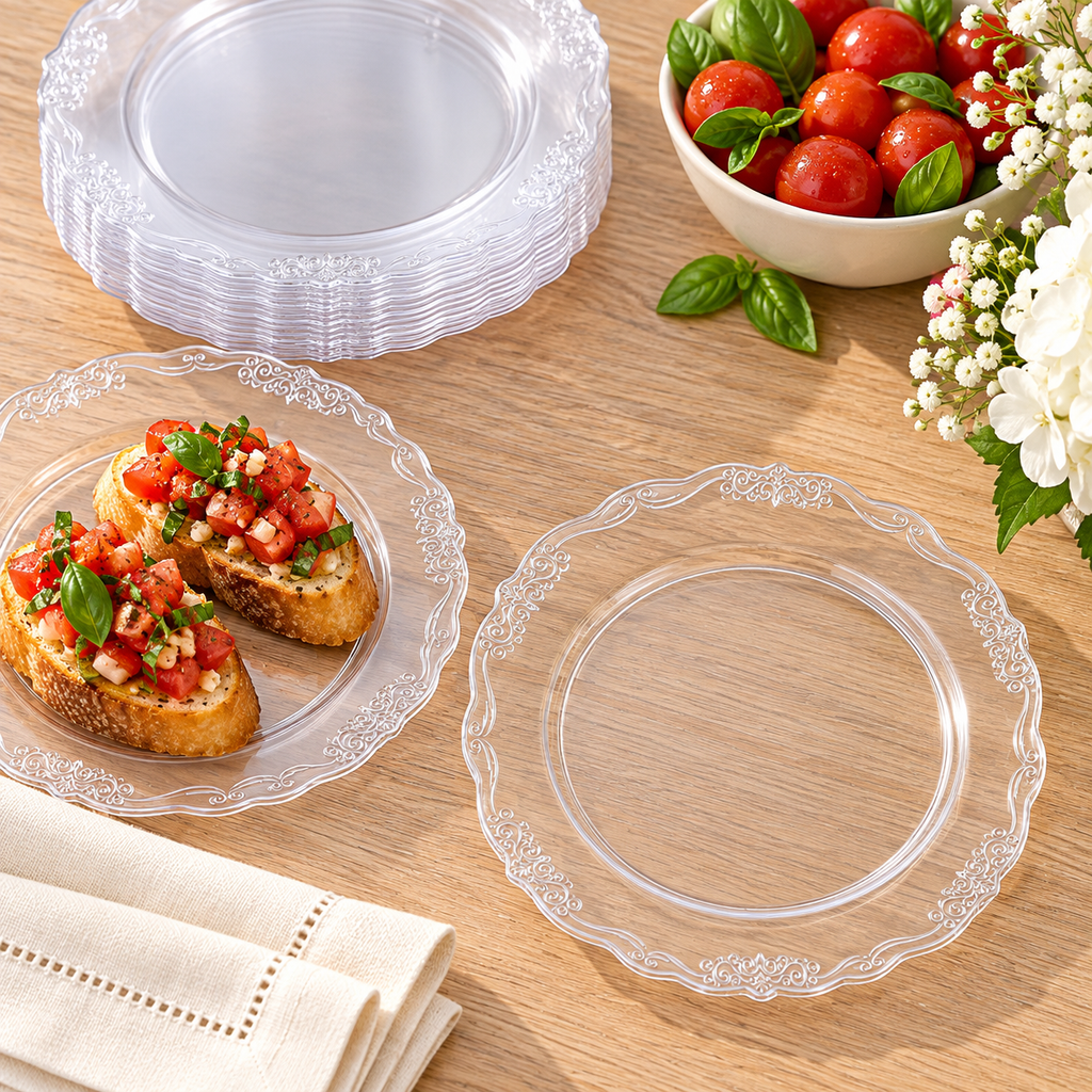 Overhead view of clear ornate-rimmed plastic plates at a buffet. Food, tableware and extra decor are styling props, not included.