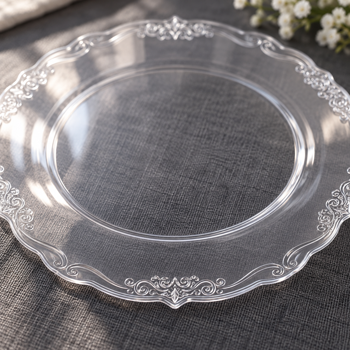 Close-up of clear plastic plates showing the scalloped scroll rim and thin transparent material. Food, tableware and extra decor are styling props, not included.