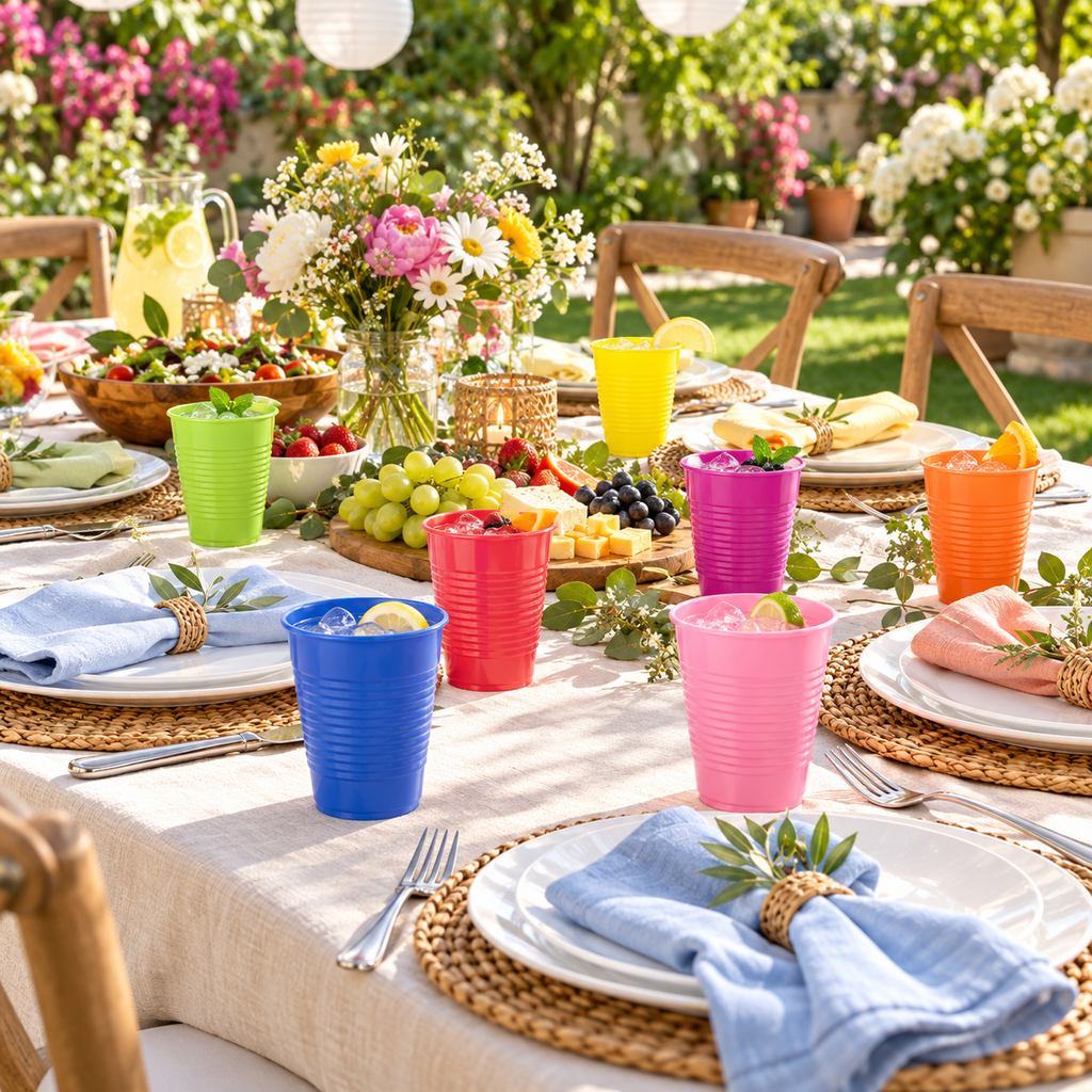 Colorful tapered plastic party cups on a full party table. Beverages, food and extra decor are styling props, not included.