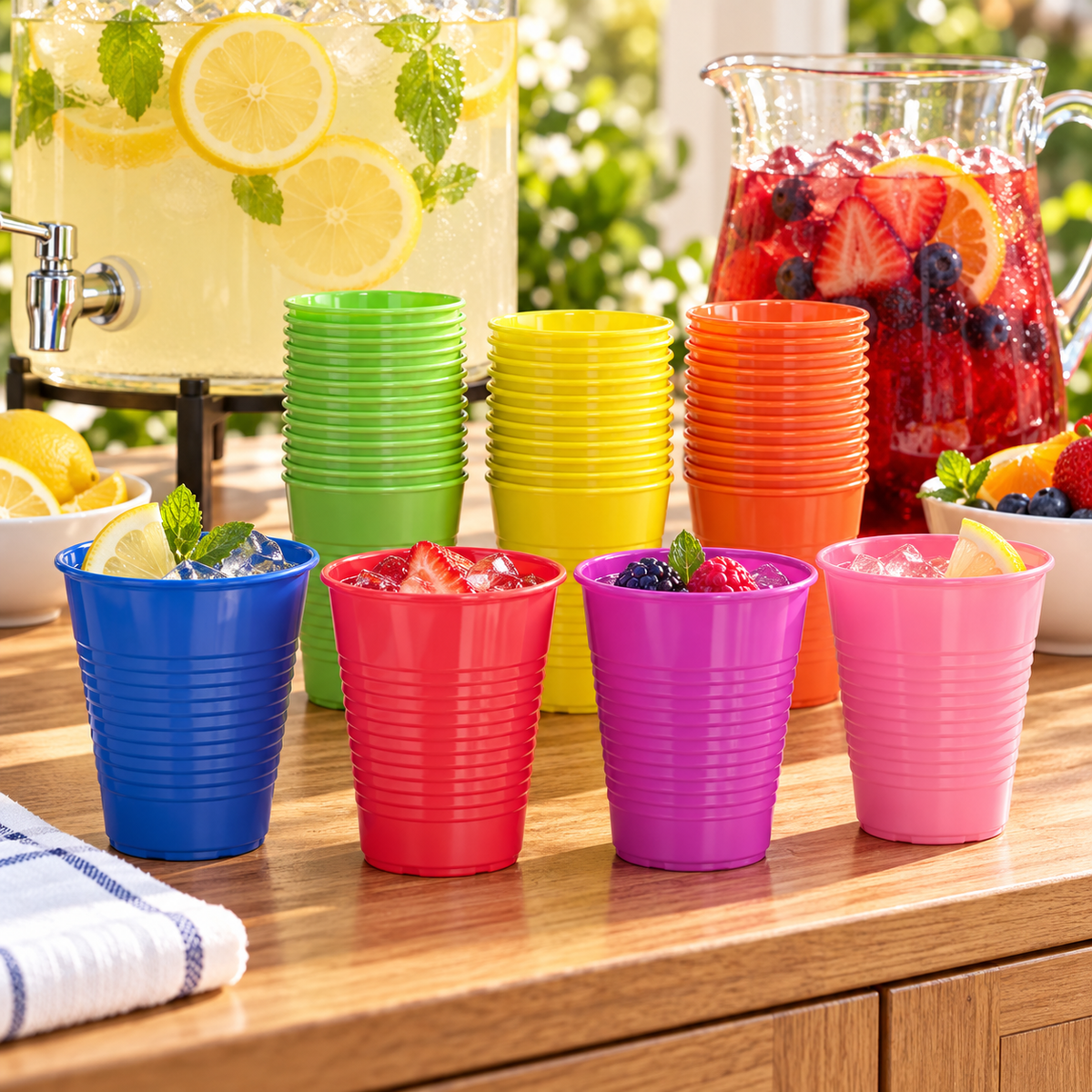 Assorted colorful plastic cups at a drinks station. Beverages, food and extra decor are styling props, not included.