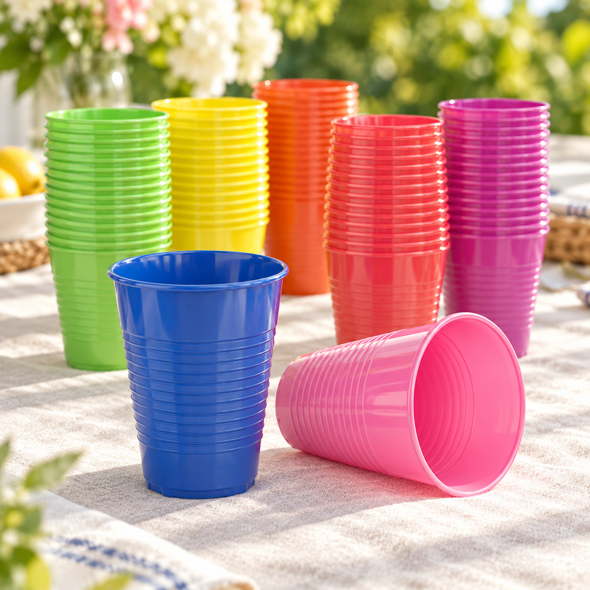 Close-up of colorful plastic party cups showing thin rolled lips and subtle horizontal ribs. Beverages, food and extra decor are styling props, not included.