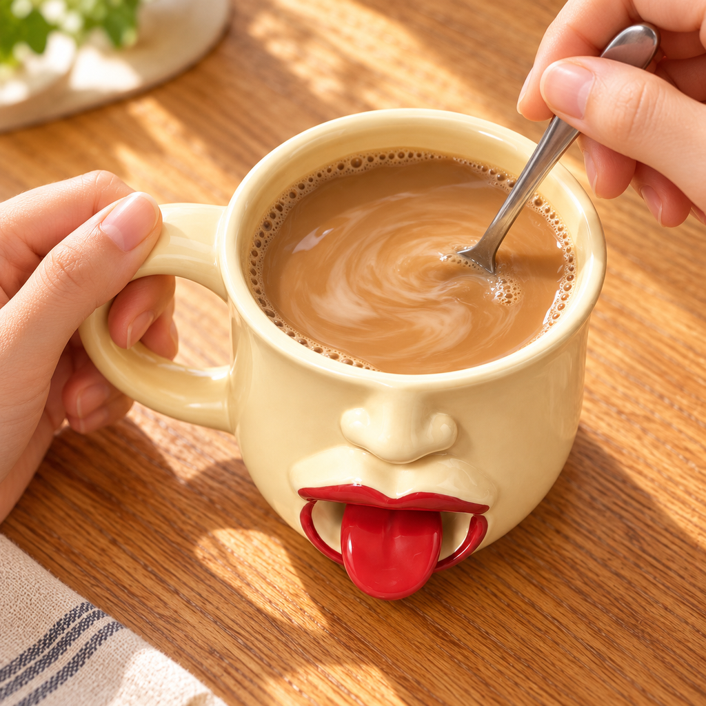 High-angle hand stirring coffee in the cream tongue-out ceramic mug