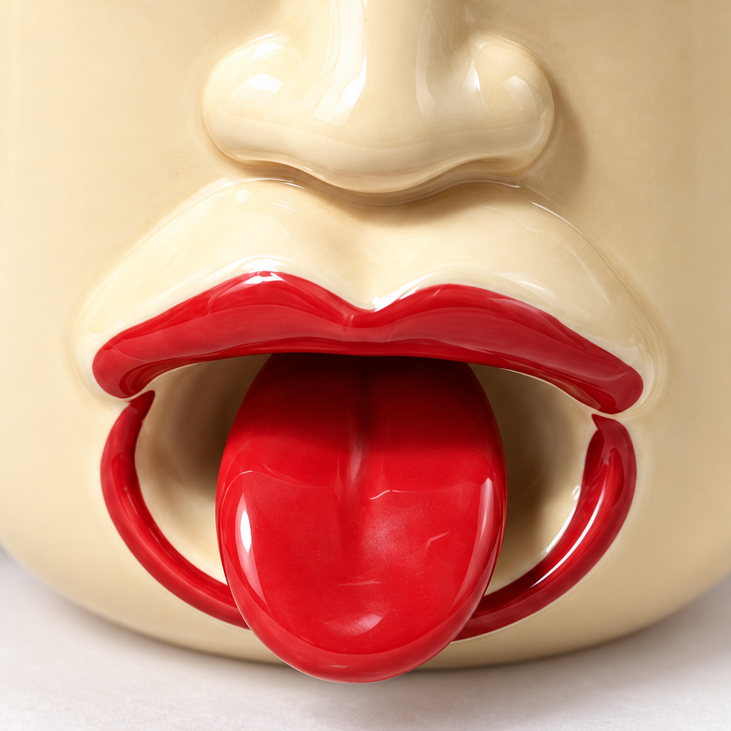 Close macro of cream ceramic nose, sculpted red lips and tongue