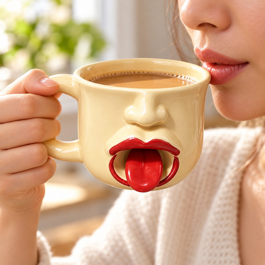 Adult lifting the cream tongue-out ceramic mug to drink