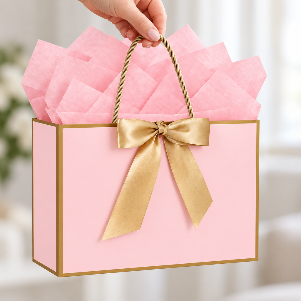 Pink and Gold Marble Gift Bag with Tissue and Card carried by an adult