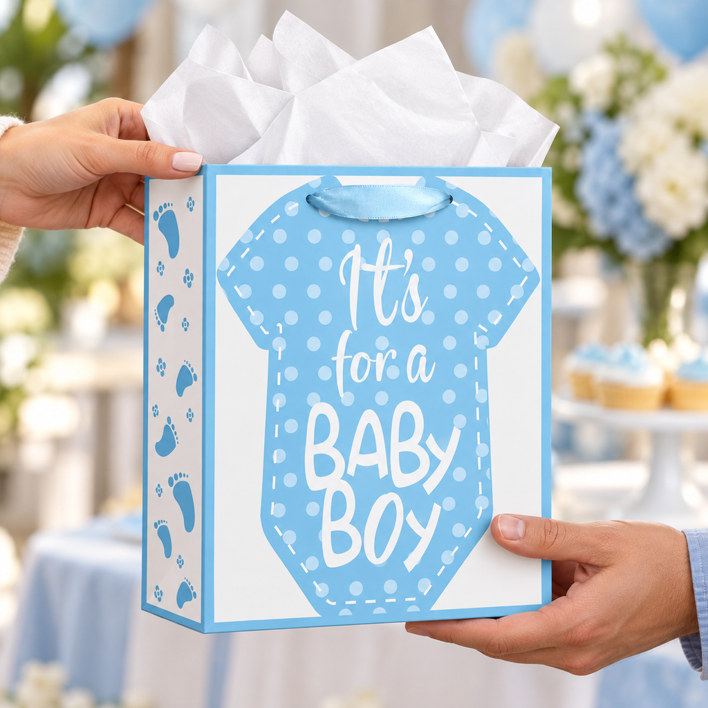 Blue Baby Boy Gift Bag with Card being handed to another adult